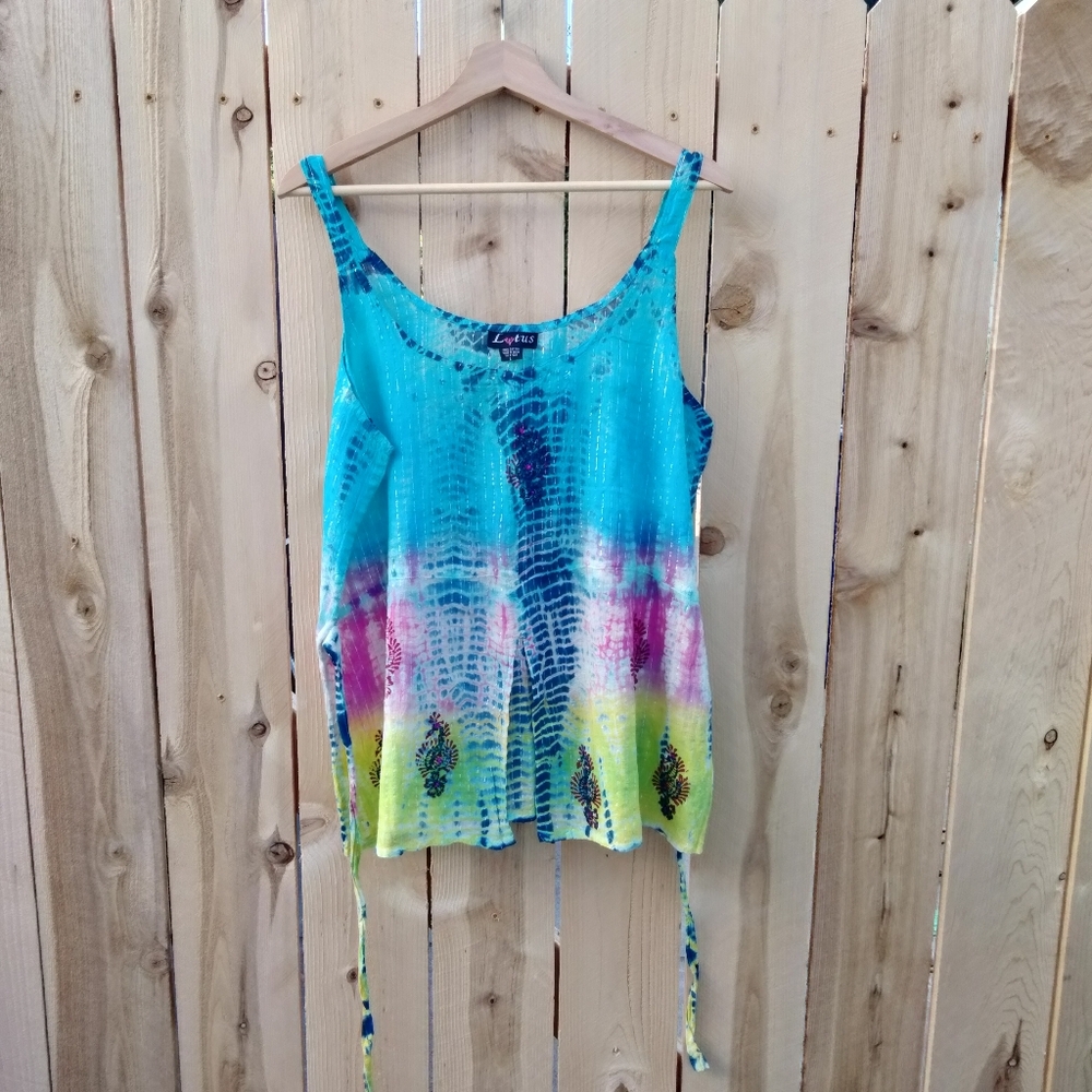 Lotus Turquoise Tie-Dye Beaded Strappy Tank with Pink & Lime Accents Women's L